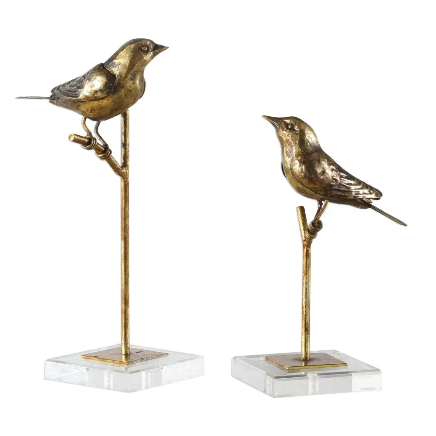 Passerines Sculpture, Set of 2 in Antiqued Gold Leaf