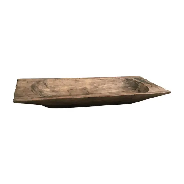 An authentic reproduction of an India dough tray, handcrafted from reclaimed solid wood with an iron band. Each piece varies slightly, adding genuine rustic charm.