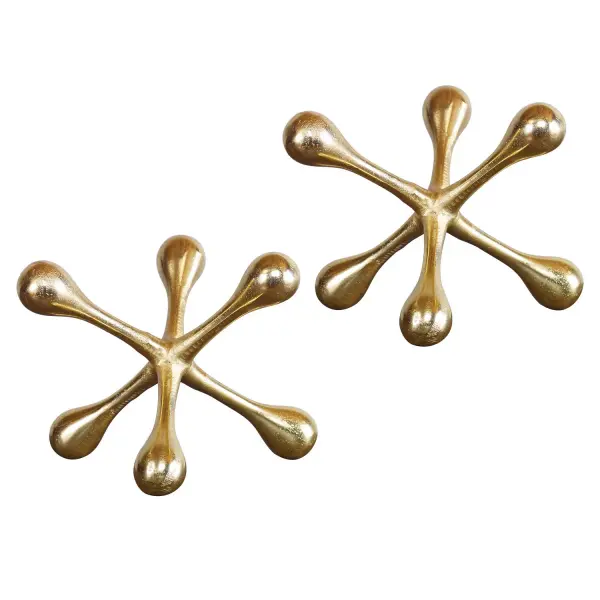 A set of two cast aluminum objects finished in brass, offering compact sculptural interest for shelves, consoles, or desktops.