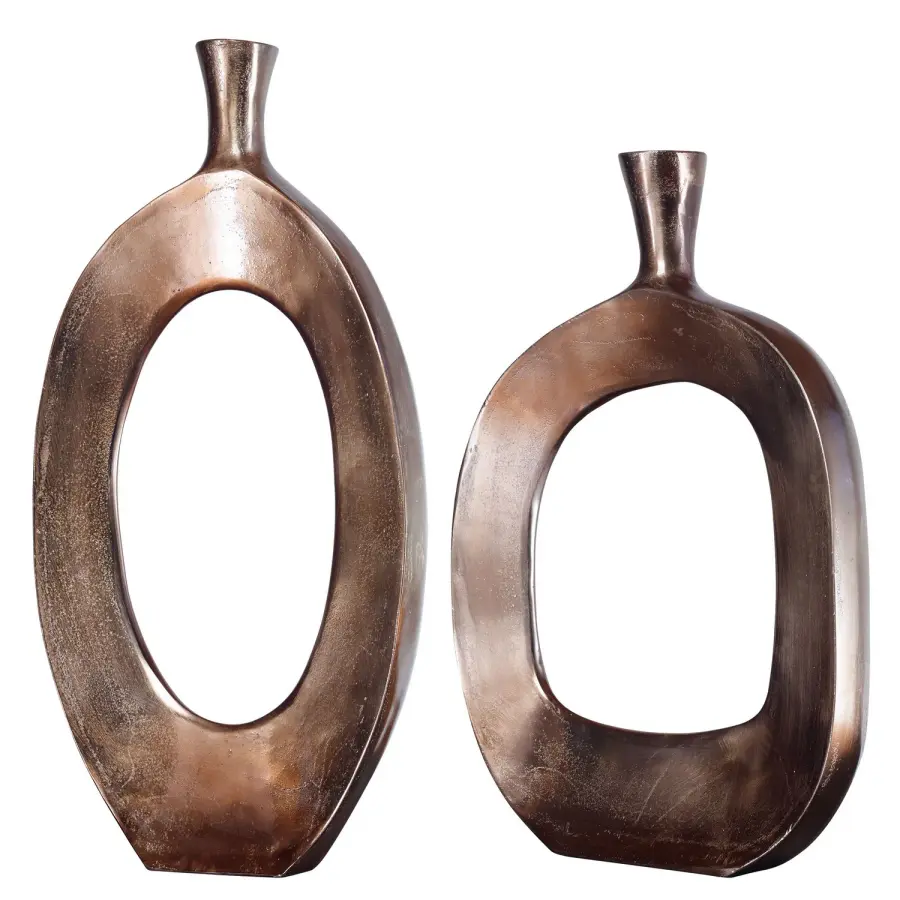 Kyler Set of 2 Textured Cast Aluminum Vases in Golden Bronze