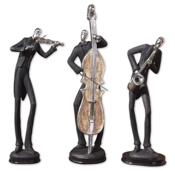 A set of three slate gray polyresin musician figurines with silver plated accents and dark chestnut bases, sized for tabletop or shelf display.