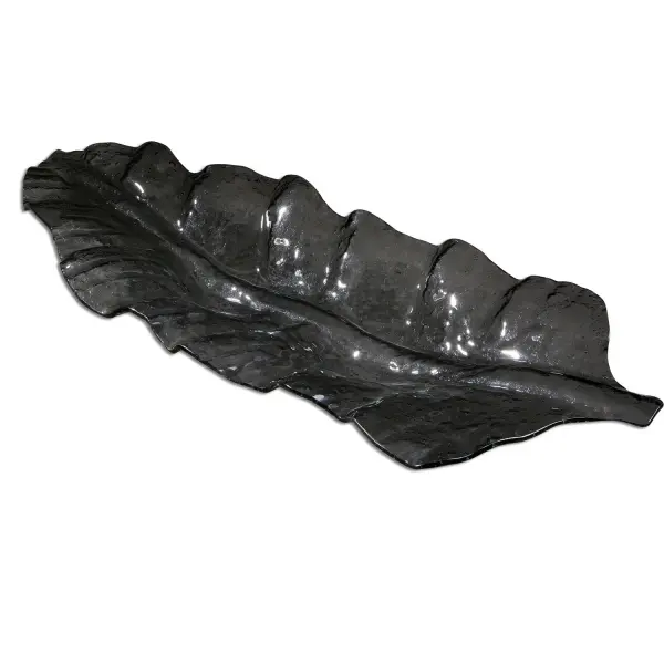 A dramatic curved glass tray in a smoked dark gray finish, sized to anchor a console or coffee table as a striking decorative accent.