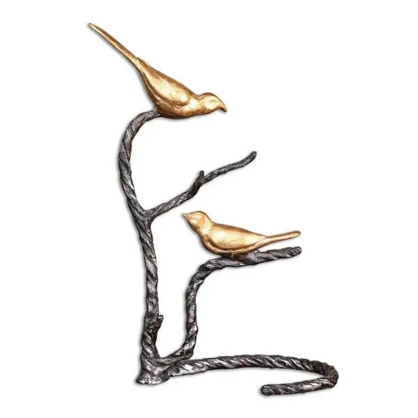 A charming tabletop sculpture pairing twisted wrought iron branches with metallic gold bird accents—an easy way to add organic, artisanal charm to a shelf or console.