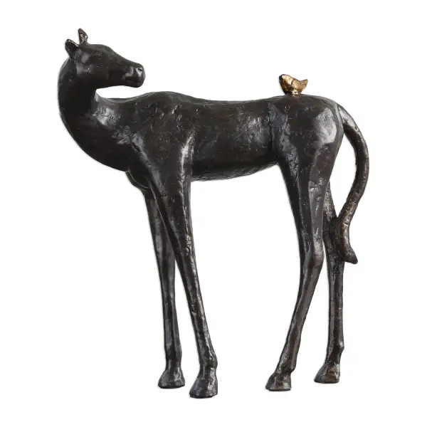 This cast iron horse-and-bird sculpture in dark brown with bronze and gold accents brings a playful, storytelling touch to shelves, consoles, and desks.