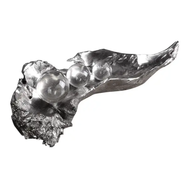 A charming tabletop accent piece featuring resin peas with sparkling crystal spheres in a tarnished silver finish—a playful conversation starter for shelves and consoles.
