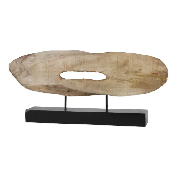 This handcrafted mango wood log sculpture on a matte black iron base brings organic texture and contrast to shelves, consoles, or desks.