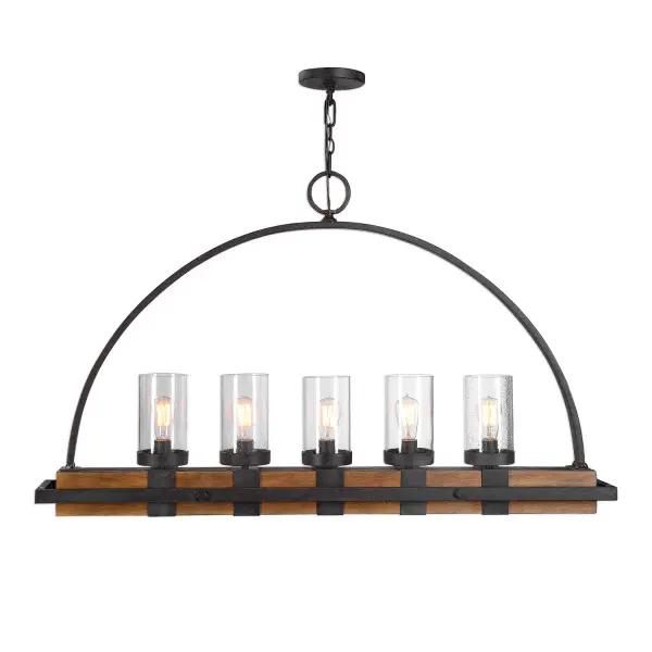 A statement linear fixture blending heavy-gauge wood, iron detailing, and seeded glass for a farmhouse-industrial look over long tables and islands.