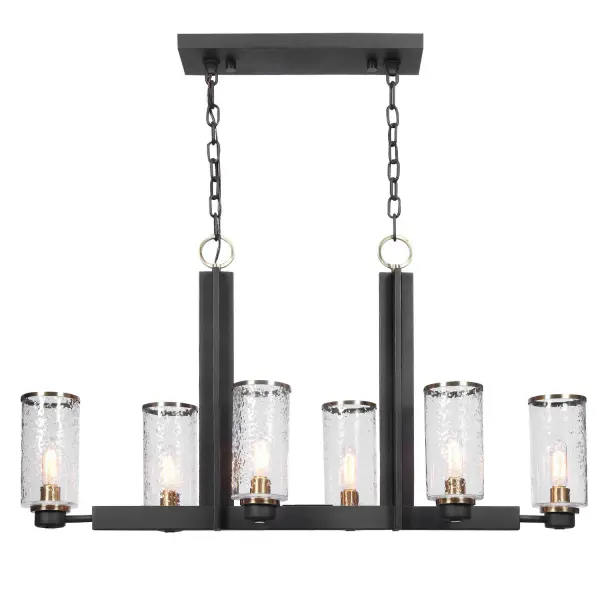 A striking 6-light I-beam style island pendant blending sanded black steel with antique brass accents and clear glass shades for refined industrial appeal.