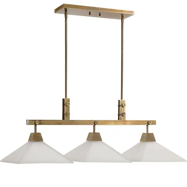 A linear three-light chandelier blending industrial lines with craftsman warmth, finished in aged brass with etched frosted glass shades for a soft, ambient glow.