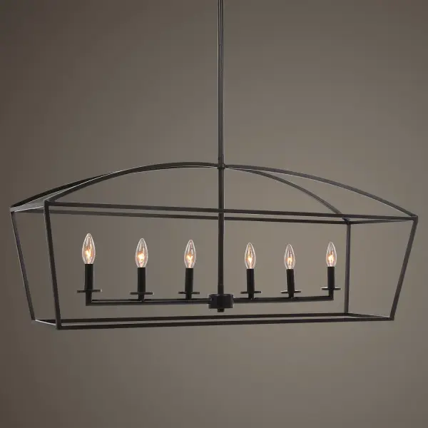 A 6-light open-frame linear chandelier in a deep weathered bronze finish, blending vintage farmhouse and industrial style for kitchen islands and dining tables.