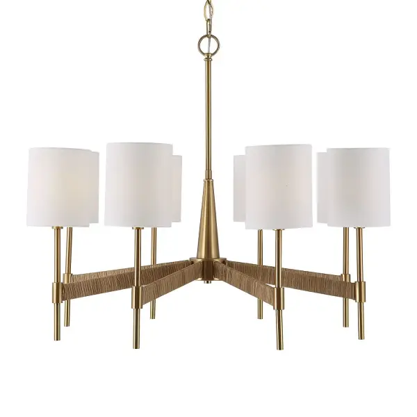The Lautoka pairs warm brass and hand-wrapped rattan arms with soft linen shades for a relaxed, coastal-meets-organic look that suits open, airy rooms.