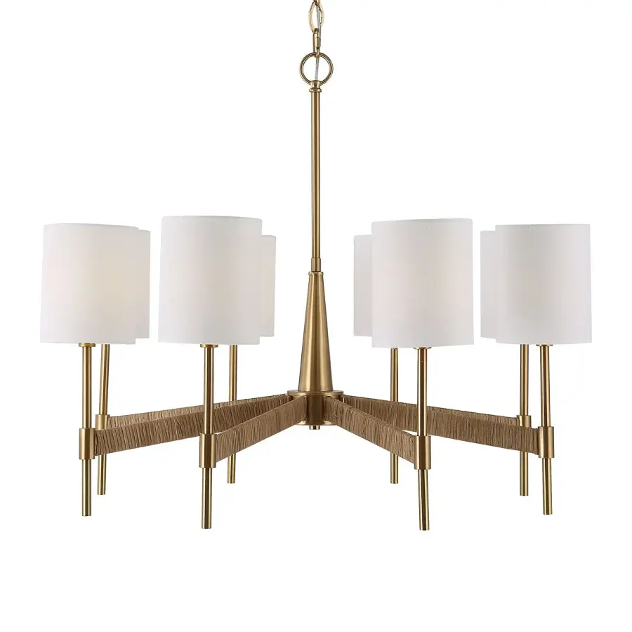 Lautoka Eight Light Chandelier in Warm Brass with Rattan Wrap