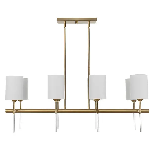 This 8-light linear chandelier blends traditional candelabra styling with clean acrylic accents and tall silken shades, ideal for elongated dining spaces or islands.