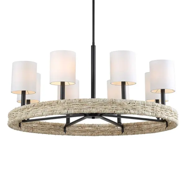 The Faiyam pairs a rattan ring and dark bronze finish with linen drum shades for a soft, layered glow—ideal for dining rooms and great rooms seeking texture without heaviness.