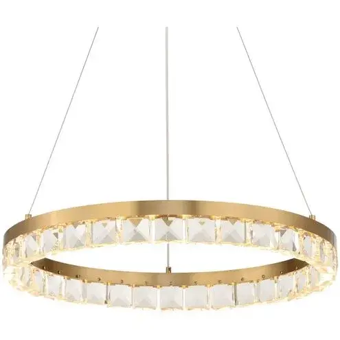 This iron-and-crystal ring chandelier pairs a warm brass finish with an integrated high-CRI LED strip, offering sculptural sparkle for foyers and dining spaces.
