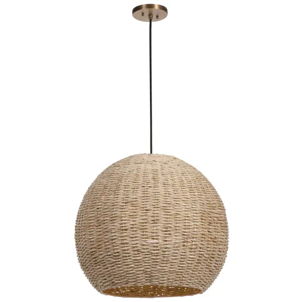 A woven seagrass dome pendant with antique brass accents that brings organic, textured warmth to kitchens, dining nooks, and entryways.