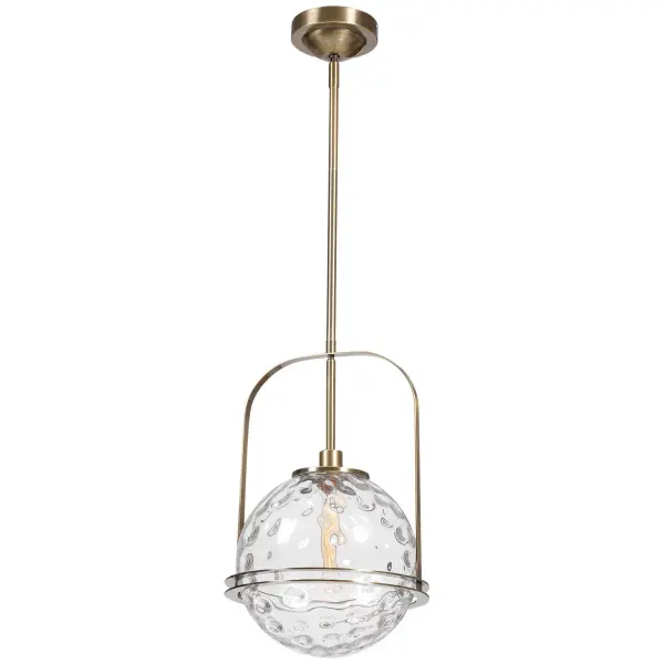 A single oversized clear watered-glass sphere with antique brass accents offers understated contemporary style with flexible hanging installation.