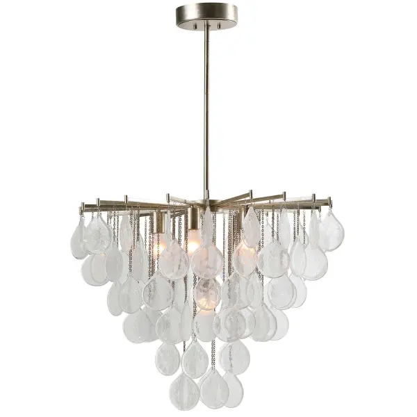 Seeded glass teardrops on fine chains catch light beautifully, wrapped in an antiqued silver leaf finish that softens traditional lines for modern interiors.