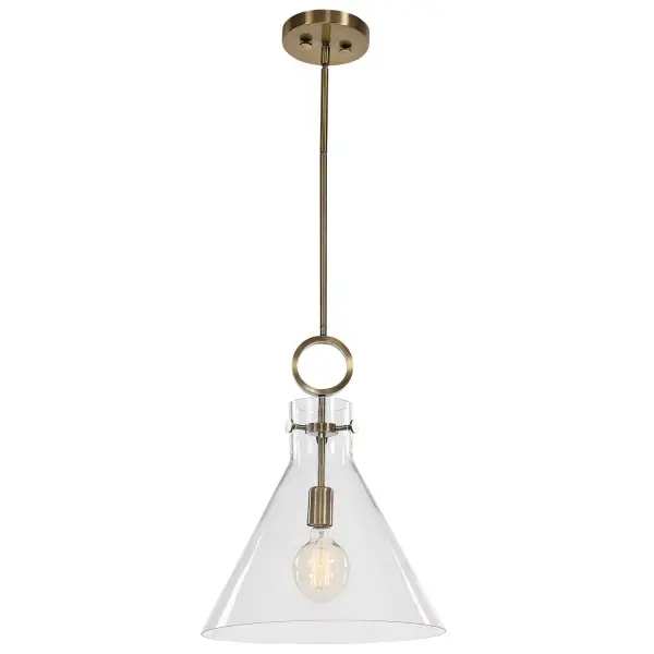 A compact single-light pendant with a playful funnel-shaped clear glass shade and aged brass hardware, offering flexible height adjustment for varied installations.