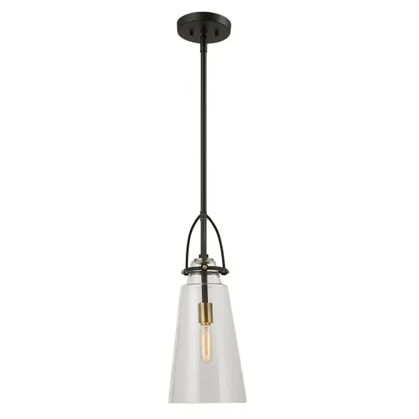 A small-scale steel and glass pendant blending black and antique brass finishes with clear glass, offering flexible hanging height for kitchen and counter applications.