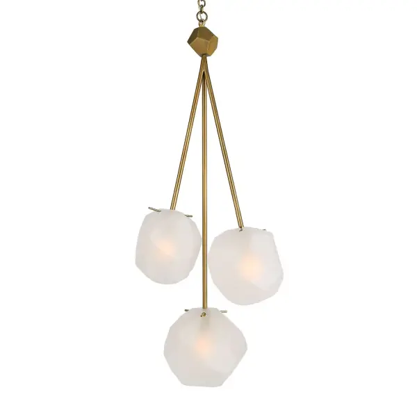 Three tiers of frosted geometric glass shades create a sculptural, celestial silhouette, finished in warm matte antique brass with adjustable chain drop.