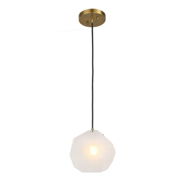 This geometric frosted glass mini pendant pairs a sculptural silhouette with a rich matte antique brass finish, offering an eye-catching accent for small spaces.