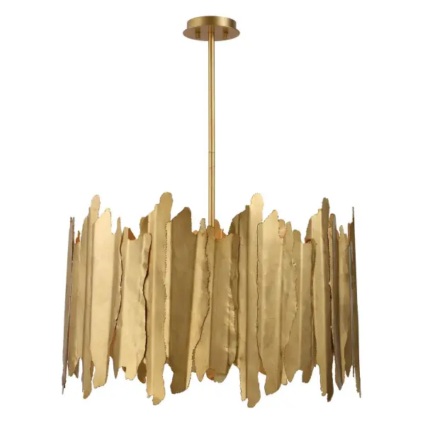 Welded steel segment sheets with rough-cut edges create a bold, sculptural silhouette, softened by an elegant gold leaf finish and eight candelabra lights.