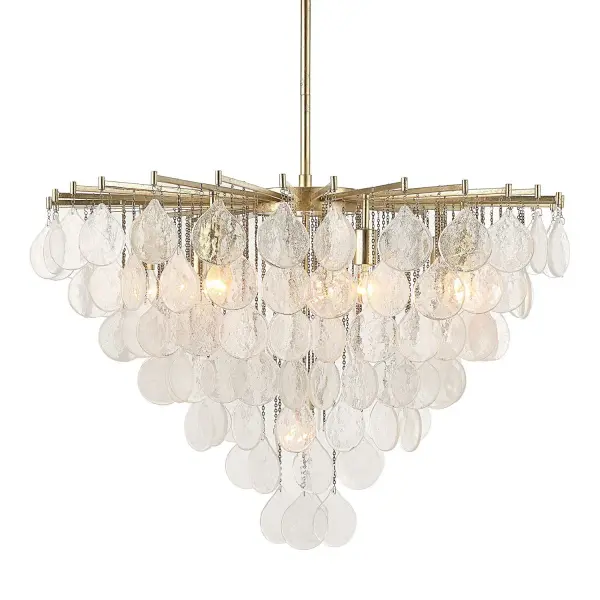 Eight seeded-glass teardrops on fine chains catch light beautifully in an antique silver leaf finish that suits both classic and contemporary rooms.
