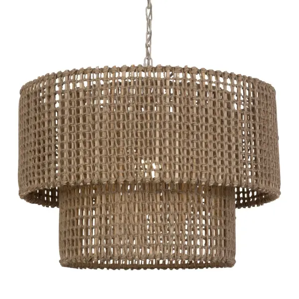 A single-light pendant featuring a natural woven jute two-tier shade with antique brass hardware, offering relaxed coastal texture for kitchens, dining spaces, and entryways.