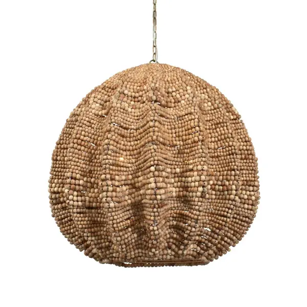 A 29" wooden bead shade with antique brass accents brings warm, organic texture as a bold focal point for dining rooms or great rooms.