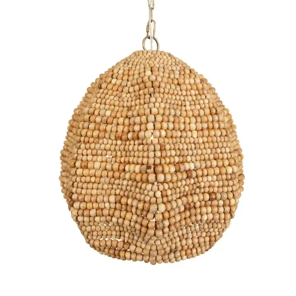 A handcrafted statement pendant with natural wood beads and antique brass detailing, bringing organic texture to dining and gathering spaces.