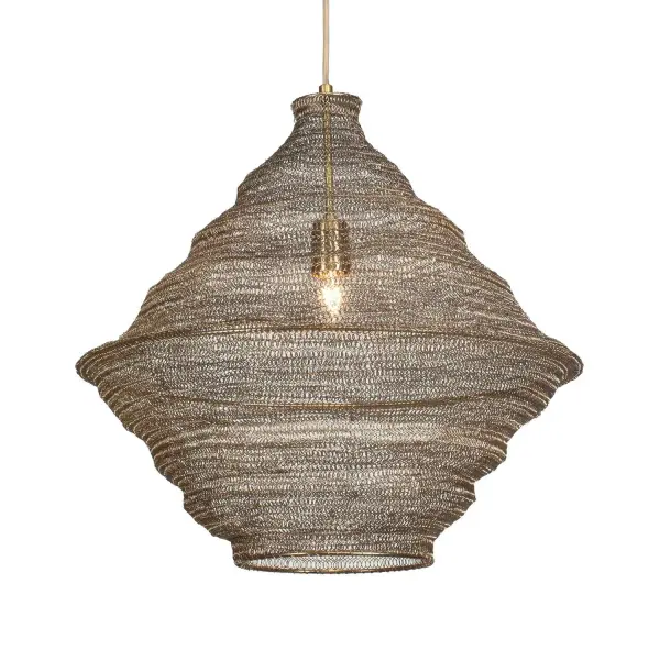 Eclectic Springy Woven Metal Makes Up This Fun Form Shade Pendant In Antique Brass. 1-60 Watt Max Edison Socket. Bulbs Not Included. Supplied With 15' Beige Fabric Cord For Adjustable Installation. Collection: Sigh Designer: REVELATION DESIGN Finish: Antique Brass Width: 20.00" Height: 20.60" Length: 20.00" Weight: 4.50 lb Number of Bulbs: 1 Maximum Wattage: 60.00 W Bulb Type: A Bulb Base: E26 Voltage: 110.00 V Material: Iron Country of Origin: India Safety Rating: Indoor Only