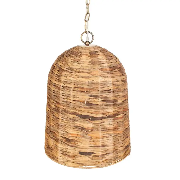 A compact sea grass pendant with antique brass accents that brings organic texture and a rustic-artisan feel to kitchens, nooks, and entryways.