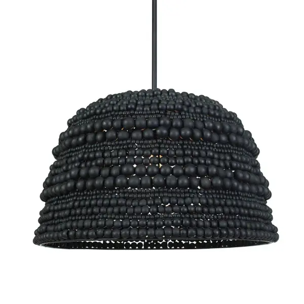 A bold single-light pendant featuring stacked rich black wooden beads with matte black iron accents. Adjustable stems make installation flexible across a range of ceiling heights.