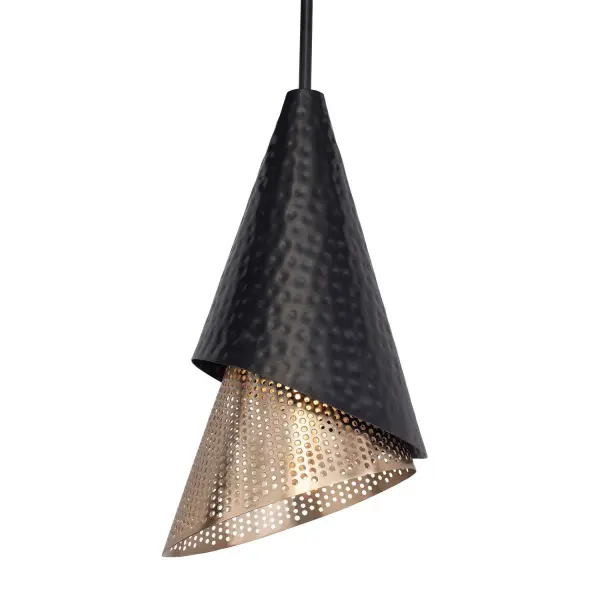 This hammered matte black and perforated matte gold cone pendant brings creative, artisanal texture to entries, islands, and dining nooks with fully adjustable hanging height.