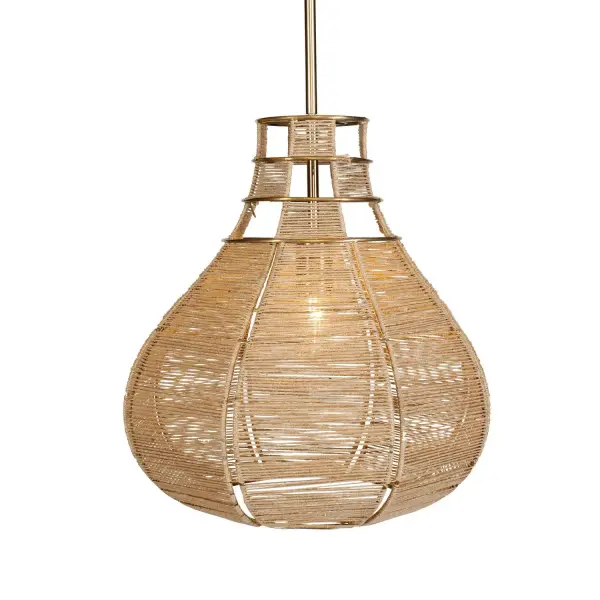 Natural rope wrapped around a metal frame gives this compact pendant an organic, handcrafted look, accented with antique brass hardware for a warm, casual glow.