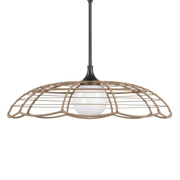 A Whimsical Scalloped Edge Gives Fun Feeling To This Indoor-outdoor Pendant. The Wide Shade Features Wrapped Synthetic Rattan In An Earthen Saddle Brown With Matte Black Finish Details. A Characteristic Of The Wet Label Certification Is The Twist Sealed White Glass Globe. 1-60 Watt Max Edison Socket. Bulb Is Not Included. Supplied With 15'wire, 7' Chain For Adjustable Installation. Collection: Lakeside Designer: SERGIO OROZCO DESIGNS Finish: Matte Black Height: 23.00" Weight: 5.97 lb Number of Bulbs: 1 Maximum Wattage: 60.00 W Bulb Type: A Bulb Base: E26 Voltage: 110.00 V Material: IRON,GLASS, SYNTHETIC RATTAN Country of Origin: Vietnam Safety Rating: Indoor/Outdoor