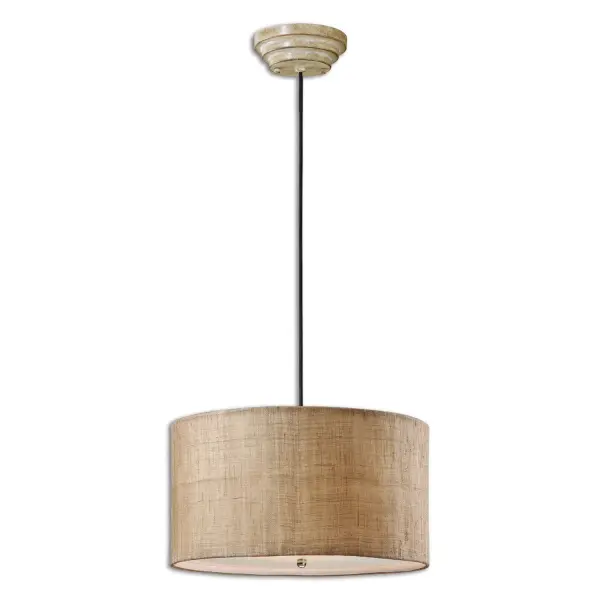 A textural three-light pendant blending antiqued burlap weave with a soft white glow from its frosted glass diffuser—casual yet refined for kitchens and dining spaces.