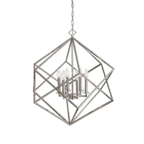 A striking geometric pendant pairing polished nickel cube forms with a six-light candle cluster and mini crystal bobeches for glamorous foyer statement lighting.