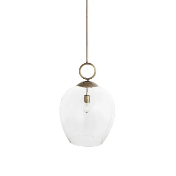 Extra-large clear blown glass paired with an ombre aged brass finish gives this transitional pendant a striking, sculptural presence.