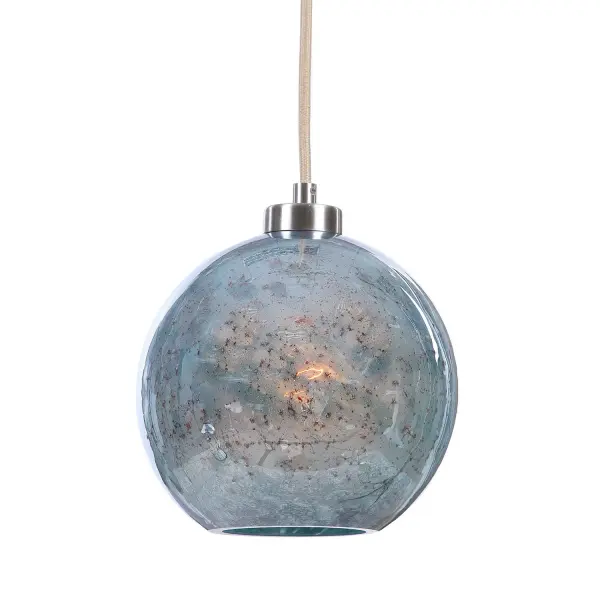 Compact one-light pendant featuring distinctive aqua stone glass that transforms from blue to a warm stone pattern when illuminated, set in a brushed nickel finish.