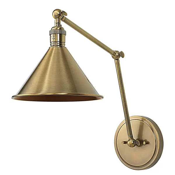 Tradition Lines Make This 1 Lt. Adjustable Wall Sconce In A Rich Oxidized Antique Brass Finish With A Metal Cone Shade A Classic. 1-60 Watt Max, Edison Socket. Bulbs Not Included. Collection: Exeter Designer: Kalizma Home Finish: Oxidized Antique Brass Width: 8.00" Height: 28.00" Length: 24.88" Weight: 2.00 lb Extension from Wall: 24.88" Wire: 1` Number of Bulbs: 1 Maximum Wattage: 60.00 W Bulb Type: A19 Bulb Base: E26 Voltage: 110.00 V Material: Steel Country of Origin: China Safety Rating: Indoor Only