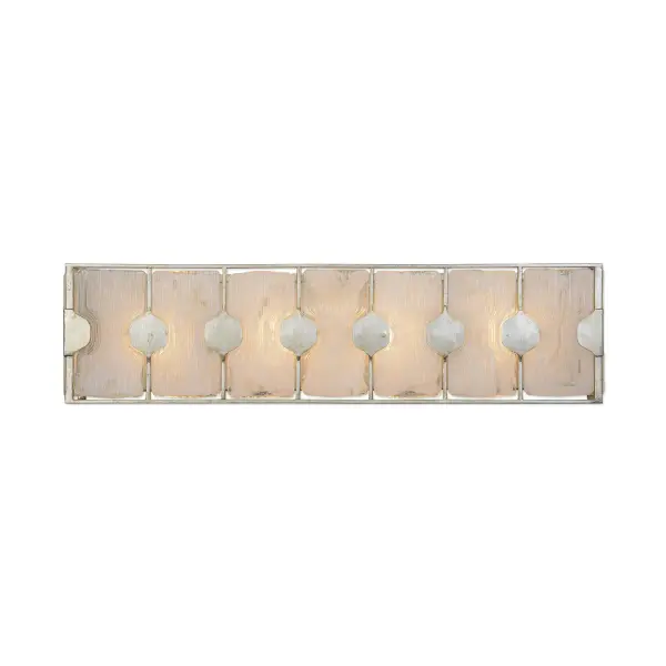 A 4-light bath vanity fixture blending Art Deco heritage with transitional styling, featuring handmade white swirl glass panels and silver leaf metal accents.