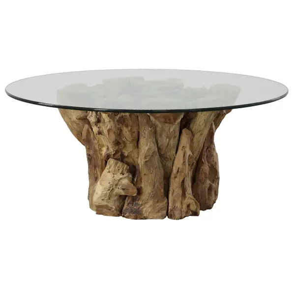 Crafted From Pieced Teak Wood In Its Natural Finish, Paired With A Clear Glass Top. Due To The Nature Of These Materials Each Piece Will Vary Slightly. Collection: Driftwood Designer: Matthew Williams Finish: Natural Width: 43.00" Height: 17.00" Length: 43.00" Weight: 85.00 lb Material: Teak Root Table With Glass Country of Origin: Indonesia Safety Rating: Indoor Only