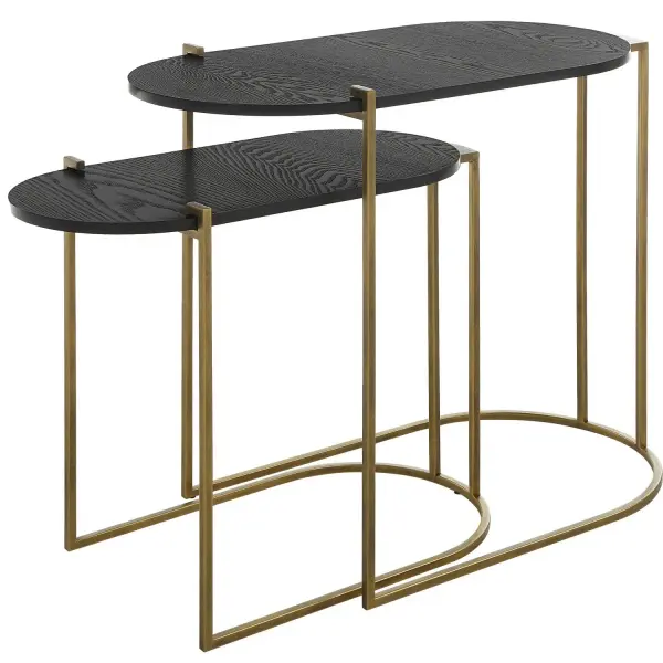 The Aztec Tables Are Crafted With Iron Frames In Antique Brass, Encapsulating Oval Tops In An Ebony Stained Ash Veneer. Sizes: S-22"x11"x18", L-27"x14"x22" Collection: Aztec Designer: David Frisch Finish: Antique Brass Width: 26.50" Height: 22.00" Length: 13.75" Weight: 11.00 lb Material: Iron, MDF, Ash Country of Origin: China Safety Rating: Indoor Only