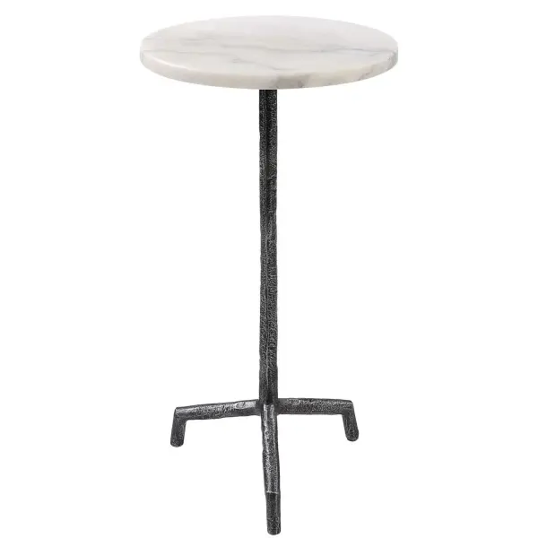 This Petite Drink Table Is The Perfect Resting Place For Your Beverage Or Favorite Novel. The Heavily Textured Iron Base Is Finished In A Rustic Aged Black And Topped With Naturally Veined White Marble. Collection: Puritan Finish: Textured Iron Width: 12.00" Height: 23.50" Length: 12.00" Weight: 13.86 lb Material: Marble, Iron Country of Origin: Cambodia Safety Rating: Indoor Only