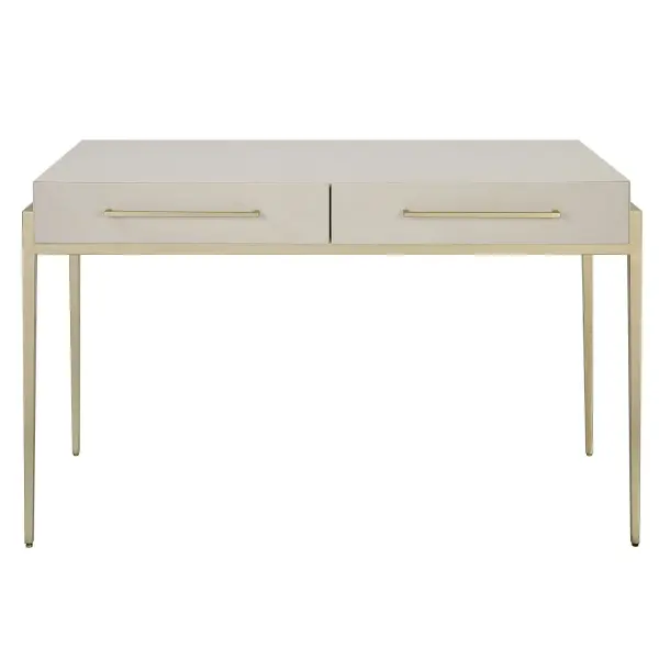 A Modern And Stylish Place To Catch Up On Emails, The Jewel Desk Features A White Faux Shagreen Wrapped Top Nestled Into An Iron Frame In Gold Leaf. The Mitered Edge Drawer Fronts And Gold Drawer Pulls Add To The Sleek Look. Collection: Jewel Designer: Matthew Williams Finish: Gold Leaf Width: 48.00" Height: 30.00" Length: 22.00" Weight: 55.25 lb Material: Mdf, Metal And Pu Country of Origin: Cambodia Safety Rating: Indoor Only