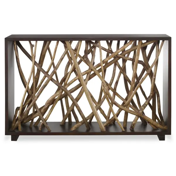 The Teak Maze Console Is Sure To Make A Statement In Any Space. This Beautifully Unique Piece Is Constructed From Solid Mahogany Wood In A Rich Walnut Stain With Natural Gathered Teak Branches Artfully Arranged Within The Frame. Collection: Teak Maze Designer: Osvaldo Mendoza Finish: Solid Mahogany Wood Width: 54.00" Height: 34.00" Length: 13.50" Weight: 78.00 lb Material: Solid Mahogany Wood Combine With Teak Branch Country of Origin: Indonesia Safety Rating: Indoor Only