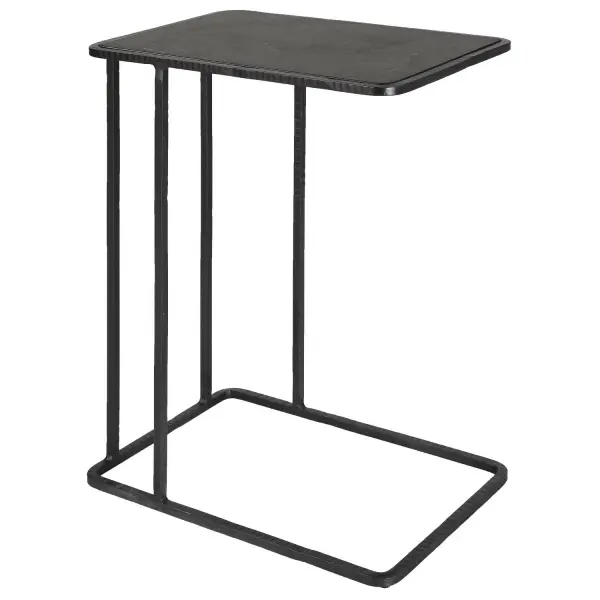 A petite pull-up accent table pairing a carved iron frame with a polished bluestone top featuring natural marbling. Great for adding organic texture beside a favorite chair.