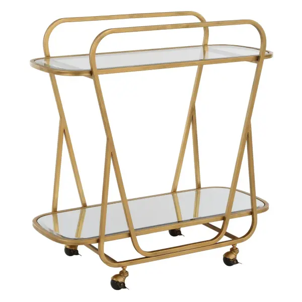 A Refined Serving Cart, Forged With A Beautiful Antique Brass Finish Made Completely From Iron. The Two Tray Style Beveled Mirrored Shelves Catch Natural Light Adding A Touch Of Sophistication To Any Room. Collection: Swain Designer: David Frisch Finish: Antique Brass Width: 35.75" Height: 35.75" Length: 16.50" Weight: 39.00 lb Material: Iron, Glass, Mirror Country of Origin: China Safety Rating: Indoor Only
